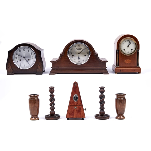 560 - A walnut mantel clock, c1930,  with chiming movement, 23.5cm h, two others, a metronome, pair of tur... 