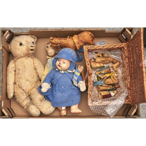 601 - A teddy bear and toy monkey, both circa mid 20th c and other toys