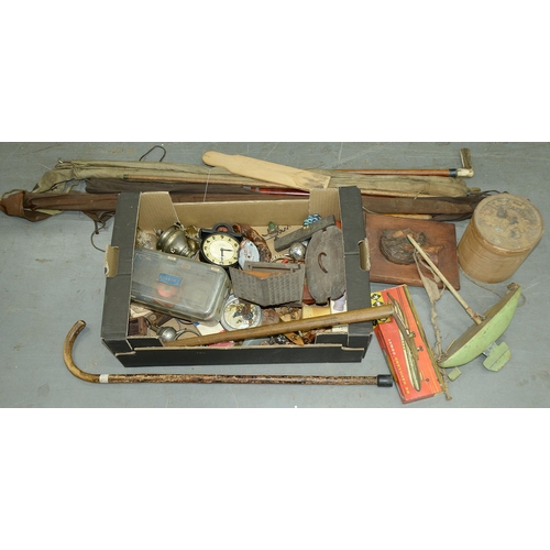 617 - Miscellaneous metalwork and other objects, to include a leather tape measure, bamboo fishing rod, Ma... 