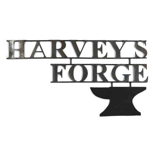 629 - A weeded steel rod and sheet iron hanging sign in the form of an anvil and HARVEY FORGE, 82 x 151cm... 