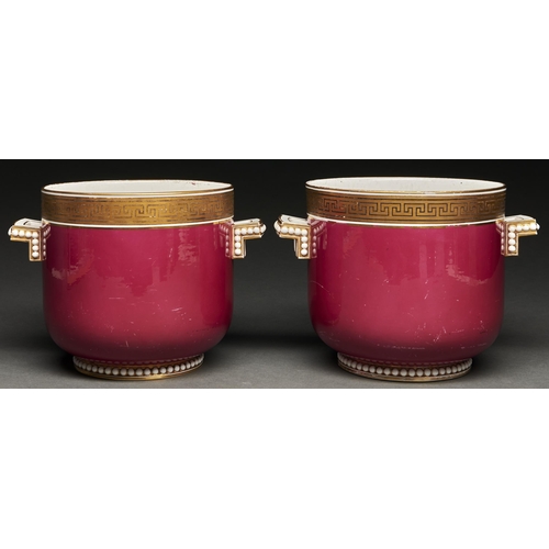 66 - A pair of  claret ground Staffordshire bone china jardinières, c1880,  with gilt Gr... 