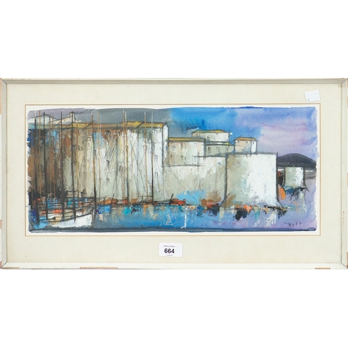 664 - 20th c School - Boats in a Mediterranean Harbour, signed Rope, mixed media on paper, 21 x 47cm... 