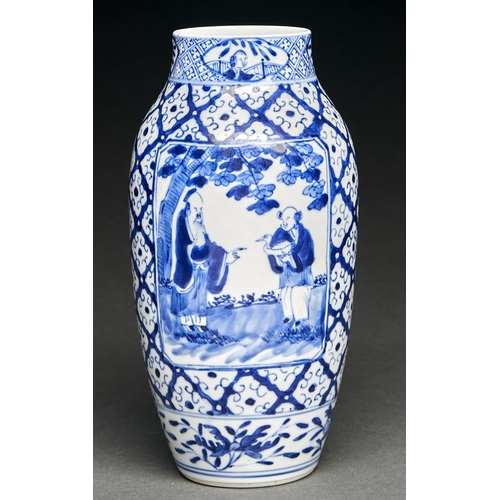 67 - A Chinese blue and white vase, late 19th c, painted to either side with two figures, one holding a b... 