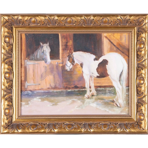 704 - Iris Collett (1938 - ) - Two Ponies, signed, oil on board, 24 x 32.5cm