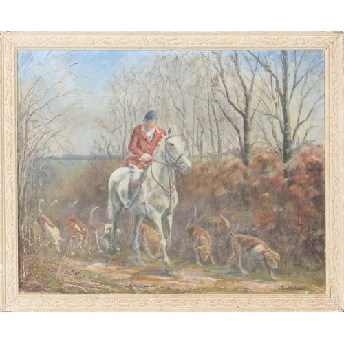 707 - British School, 20th c - Fox Hunter and Hounds, indistinctly signed, oil on canvas, 39 x 50cm... 