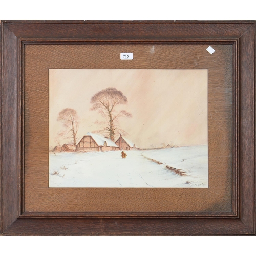 710 - W Baker, 1904 - Cottages in Winter, signed and dated, watercolour, 37 x 49cm