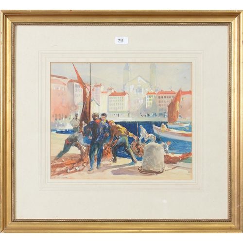 711 - Hal Hurst RBA, ROI, RMS (1865-1938) - Harbour Scene with Fishermen, signed, watercolour, 35 x 42cm... 