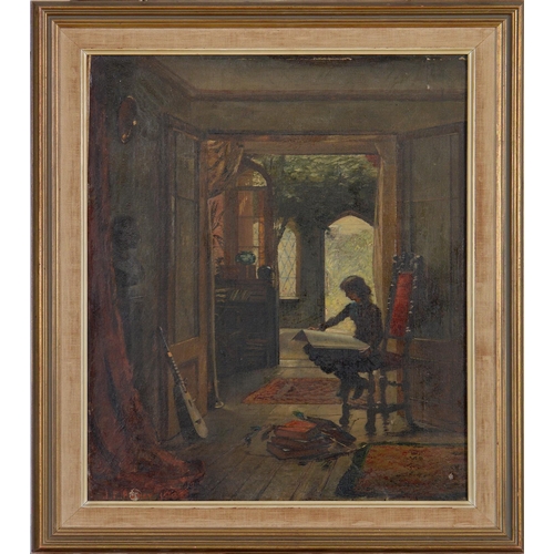 716 - English School, 1882 - A Sunlit Hall, signed J P Audey and dated, oil on canvas, 49.5 x 39.5cm... 