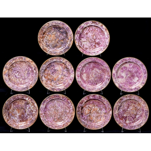 72 - A set of ten Staffordshire variegated lustre  whiteware plates, c1815,  the rim gilt, 18.5cm diam, u... 