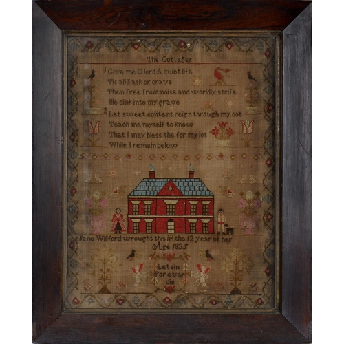 726 - A William IV linen sampler, Jane Willford wrought this in the 12 year of her age 1835, worked with a... 