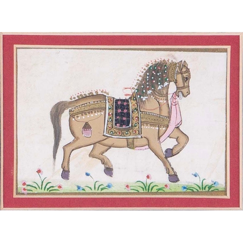 735 - Ottoman miniature, 18th/early 19th c - A Richly Caparisoned Horse, mixed media on fabric, 65 x 95mmP... 