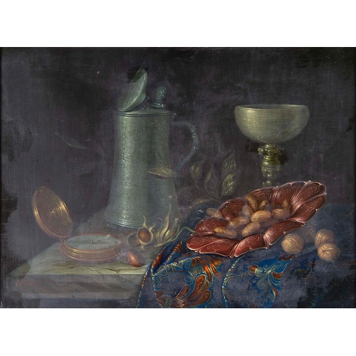 737 - 20th c School - Still Life with Nuts,  a Tankard and Gold Watch on a Cloth Covered Marble Ledge, wit... 