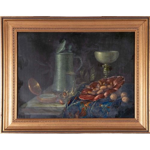 737 - 20th c School - Still Life with Nuts,  a Tankard and Gold Watch on a Cloth Covered Marble Ledge, wit... 