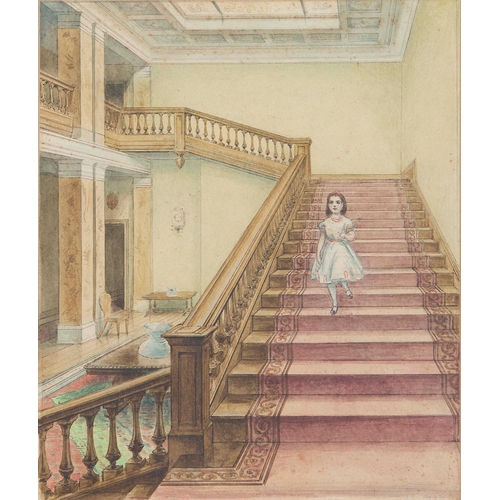 738 - English School, late 19th c - Interior with a Young Girl on a Staircase, inscribed verso Duckham, pe... 