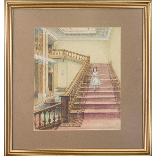 738 - English School, late 19th c - Interior with a Young Girl on a Staircase, inscribed verso Duckham, pe... 