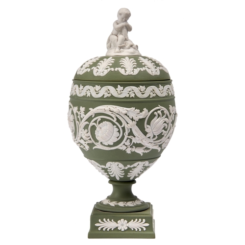 74 - A Wedgwood green Jasper ovoid vase and cover, 20th c, with child finial, 23cm h