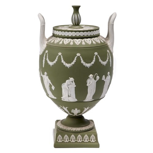 76 - A Wedgwood green Jasper vase and cover, 20th c, sprigged with muses beneath festoons, 30cm h, impres... 