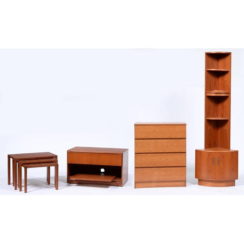 898 - A nest of teak tables, c1970, 44cm h; 38 x 62cm, a teak corner cupboard, chest of drawers and other ... 