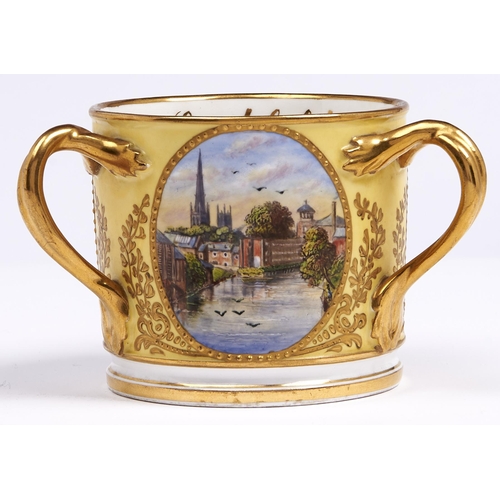 95 - A Sampson Hancock yellow ground loving cup, dated 1915,  painted by H S Hancock, signed, with the Bu... 