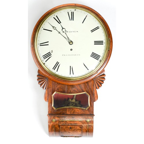 563 - A Victorian eight day brass inlaid mahogany trunk dial timepiece, F[rederick] Barnes Framlingham, th... 