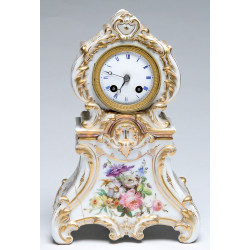 576 - A French porcelain mantel clock, c1840, with bell striking movement and enamel dial, in richly gilt ... 