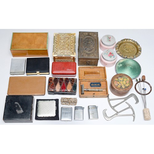 604 - A maple cigarette box and miscellaneous lighters, etc