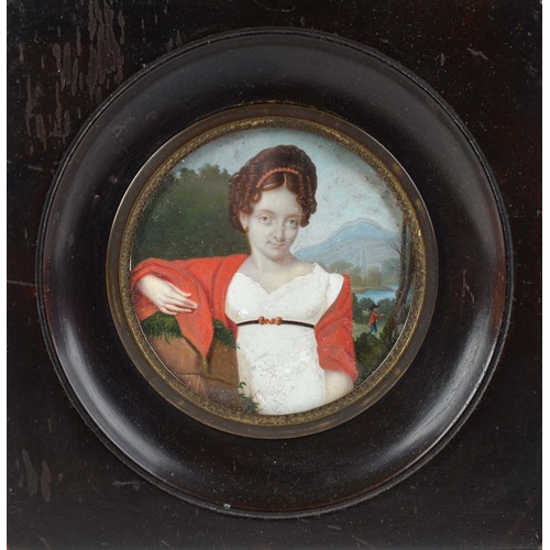 409 - Italian School, early 19th c - Portrait Miniature of a Lady of the Baglioni Family, in a white dress... 