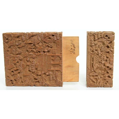 375 - A Chinese carved sandalwood card case and cover, mid 19th c, 11cm