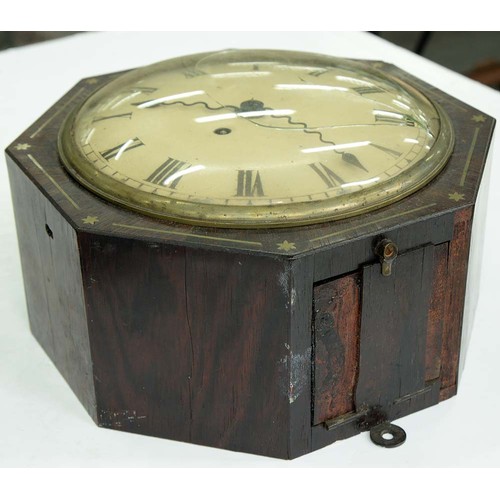 555 - A Victorian brass inlaid octagonal rosewood wall timepiece,  the slightly convex painted dial with s... 