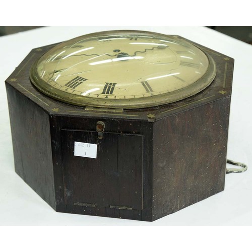 555 - A Victorian brass inlaid octagonal rosewood wall timepiece,  the slightly convex painted dial with s... 