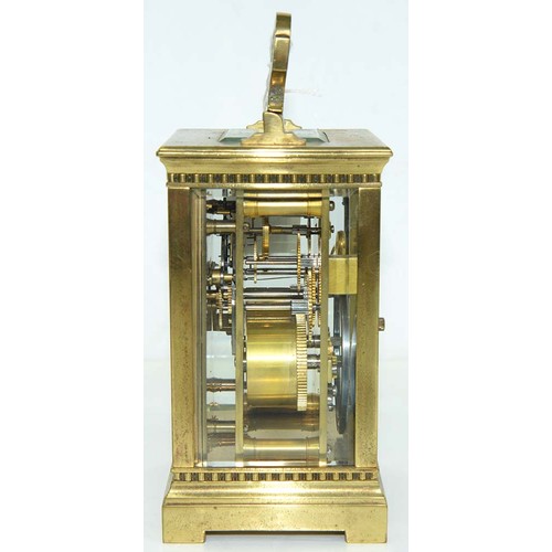 556 - A French brass carriage clock, early 20th c, Collingwood & Sons, with primrose enamel dial and g... 