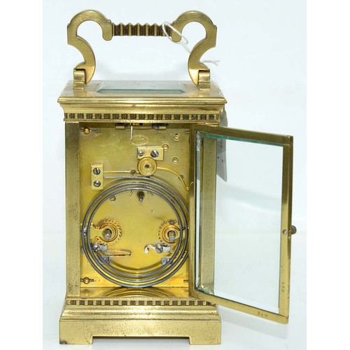 556 - A French brass carriage clock, early 20th c, Collingwood & Sons, with primrose enamel dial and g... 