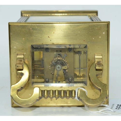 556 - A French brass carriage clock, early 20th c, Collingwood & Sons, with primrose enamel dial and g... 