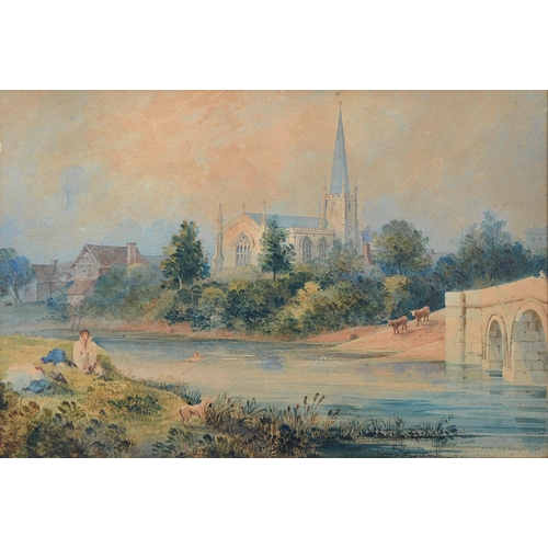 1129 - English School, early 19th c - All Saints' Church Leamington Spa with Boys Bathing in the River Leam... 