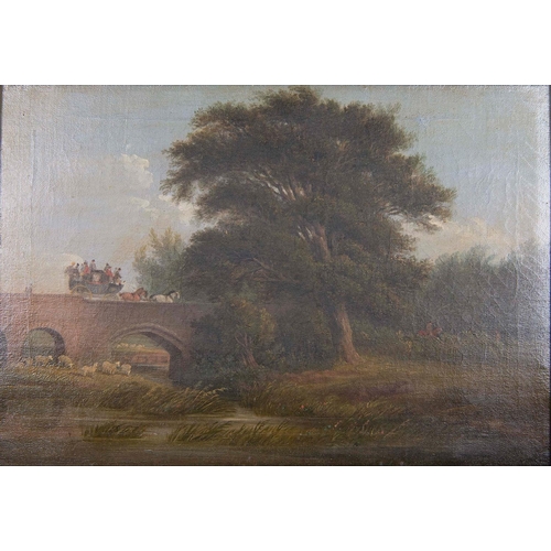 1131 - English School, early 19th c - Wooded Landscape with a Stagecoach Crossing a Bridge, oil on canvas, ... 