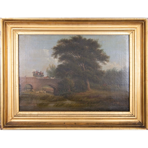 1131 - English School, early 19th c - Wooded Landscape with a Stagecoach Crossing a Bridge, oil on canvas, ... 