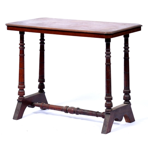 1280 - A Victorian mahogany stretcher table, with moulded, cut cornered top, 72cm h; 51 x 90cm... 