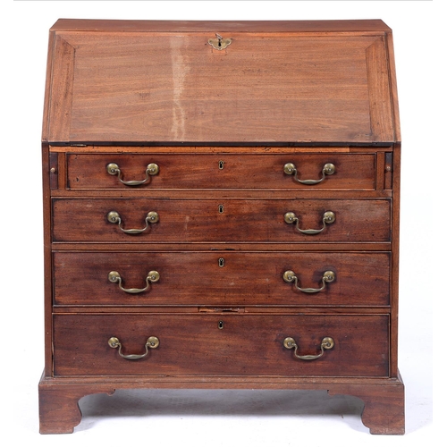 1281 - A George III mahogany bureau, with fitted interior, on bracket feet, 105cm h; 92 x 50cm... 