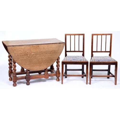 1284 - A pair of Regency elm dining chairs, with slip seat, seat height 45cm and an oak gateleg table on sp... 