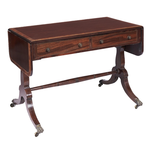 1288 - A mahogany and line inlaid sofa table, second quarter 20th c, in Regency style, with crossbanded top... 