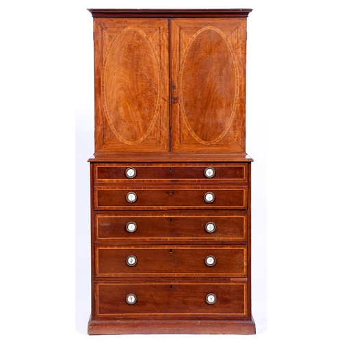 1366 - A George III mahogany secretaire chest, with finely figured crossbanded and line inlaid drawer front... 