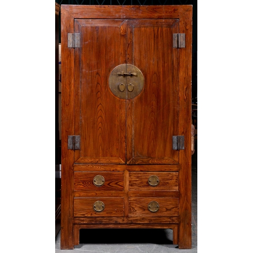 1390 - A Chinese brass mounted hardwood wardrobe,  the lower part fitted with four drawer,  206cm h; 111 x ... 