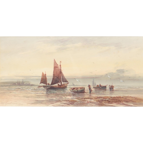 1137 - M Goodman (Fl. early 20th c) - Fisherfolk on the Shore at Low Tide, signed and dated 1909, watercolo... 