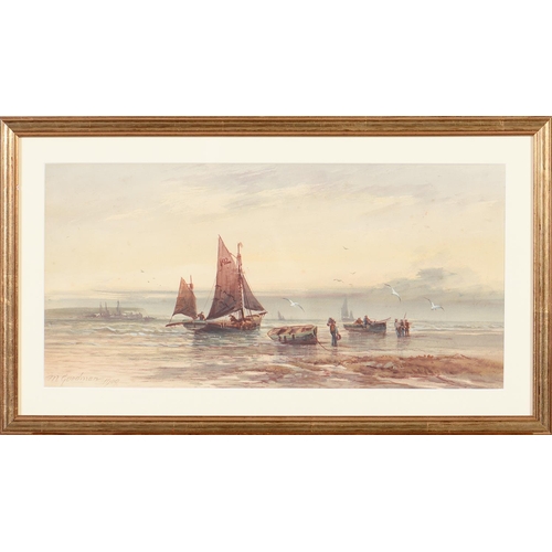 1137 - M Goodman (Fl. early 20th c) - Fisherfolk on the Shore at Low Tide, signed and dated 1909, watercolo... 