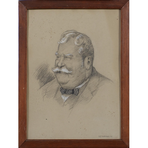 1138 - A walnut fretted frame mirror, late 19th c, 83cm h, a portrait drawing of Edward E Lawson (b.1894) b... 