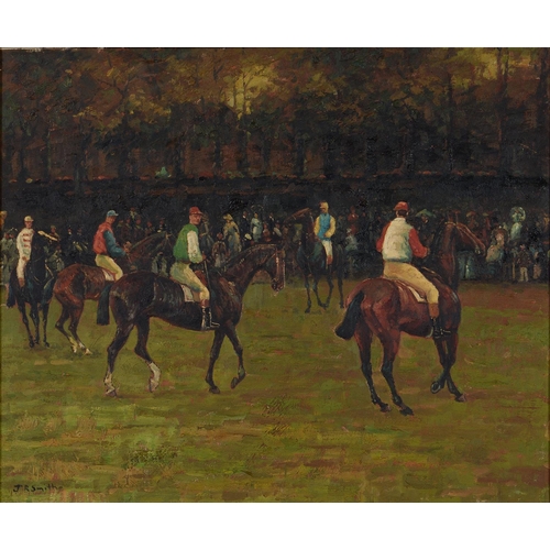 1141 - J R Smith (20th c) - Race Horses in the Paddock, signed, oil on canvas, 49 x 60cm