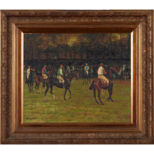 1141 - J R Smith (20th c) - Race Horses in the Paddock, signed, oil on canvas, 49 x 60cm