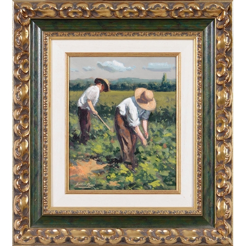 1144 - 20th c School - Two Field Workers, indistinctly signed, oil on board, 26 x 21cm