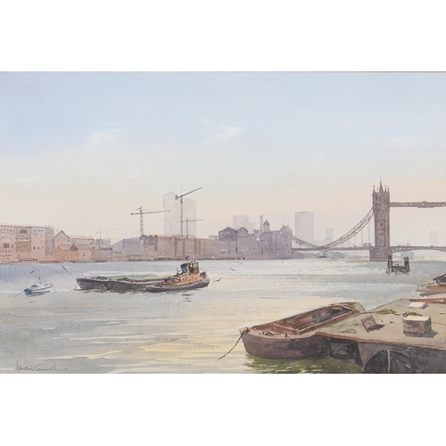 1145 - Ashton Cannell RSMA (1927-1994) - Tower Bridge, signed, watercolour, 34 x 50.5cm and a typically ris... 