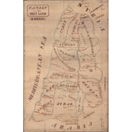 1146 - A 19th c map of Canaan - The Holy Land by C Gibson, pen and ink with wash, 36 x 23cm and a fretwork ... 